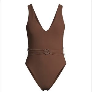 NWT Tory Burch Miller Plunge Belted One-Piece Swimsuit